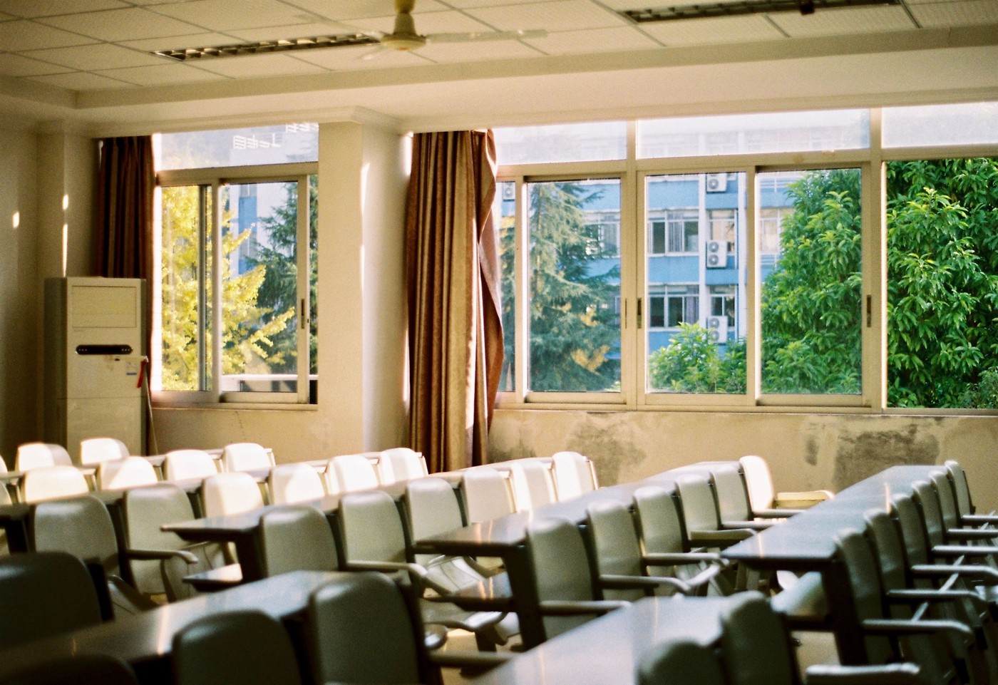 Aula brillante y vacía con filas de escritorios, sillas y grandes ventanas que dan a la vegetación.