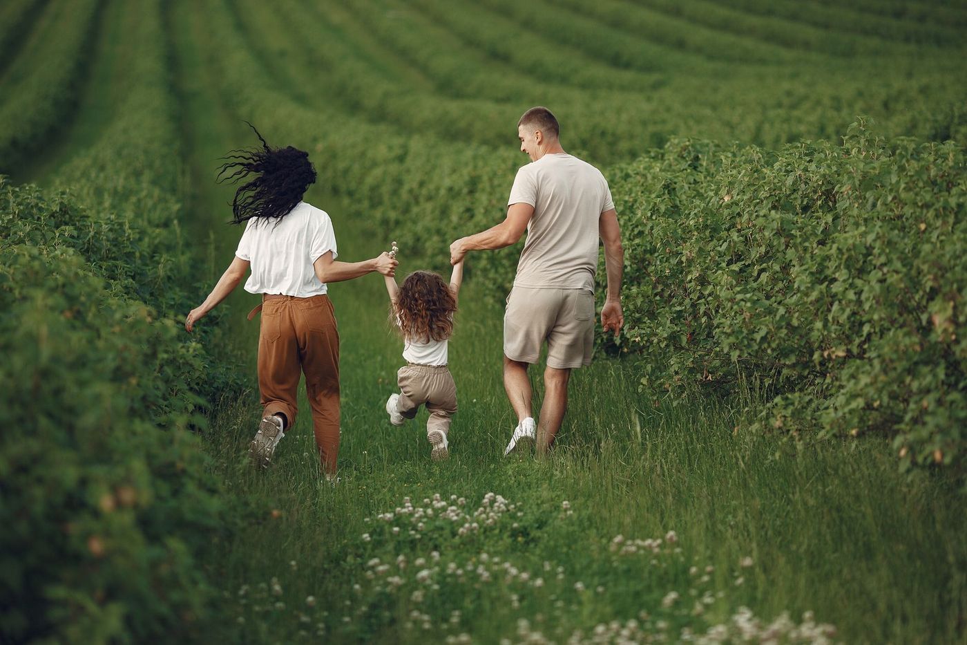Una familia de espaldas camina entre hileras de cultivos verdes, con los padres sosteniendo en alto a su hija pequeña de las manos.