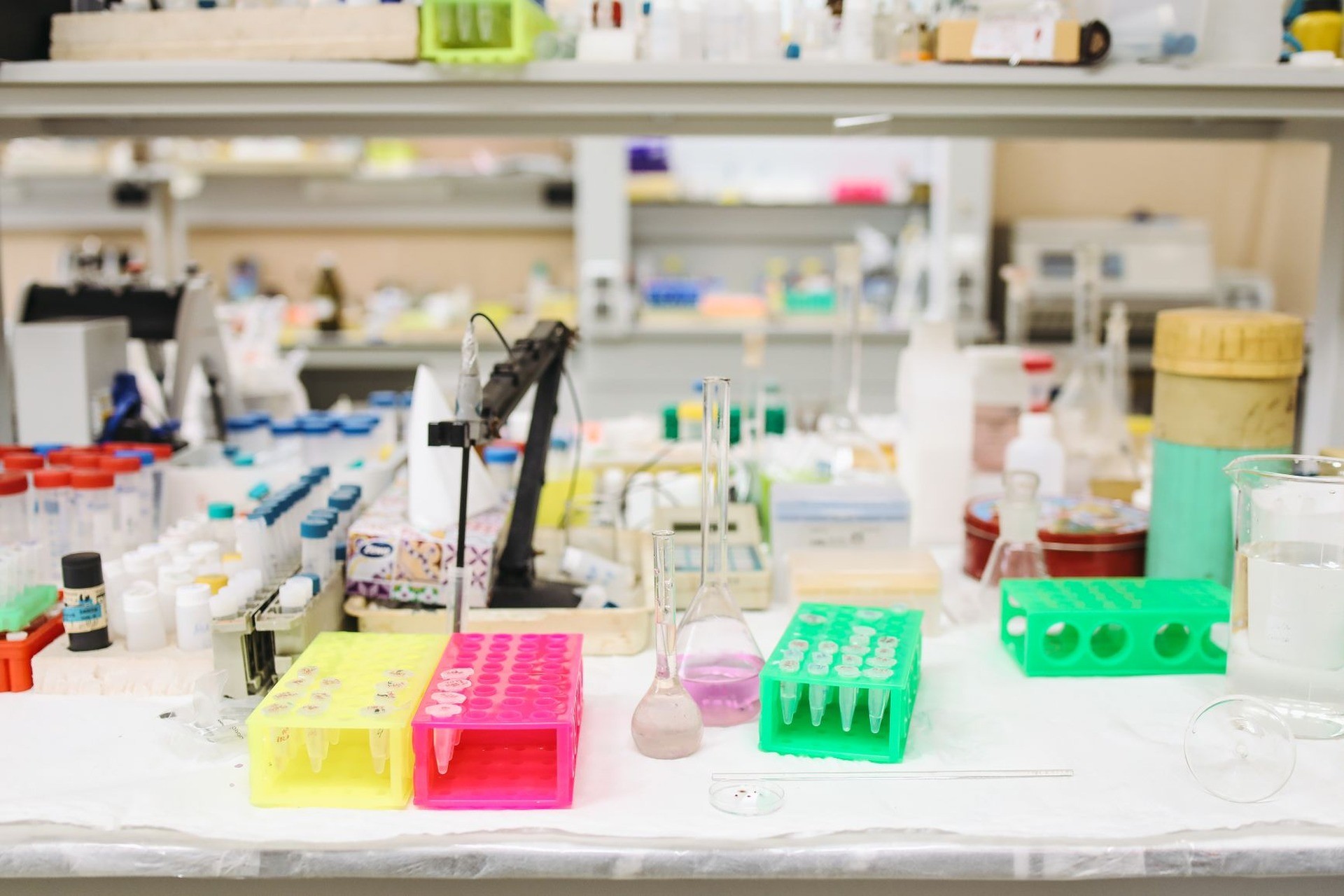 Gradillas con tubos, matraces y probetas con líquidos de color en una mesa de laboratorio