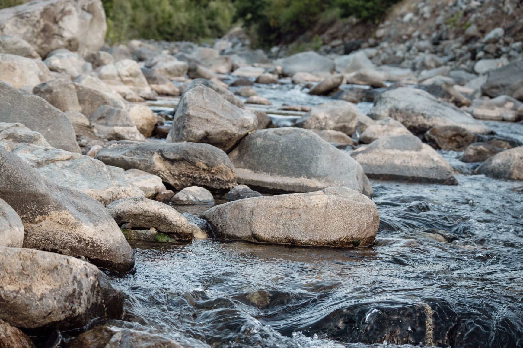 río tranquilo fluyendo sobre rocas en un paisaje de vegetación exuberante, mostrando la tranquilidad de la naturaleza