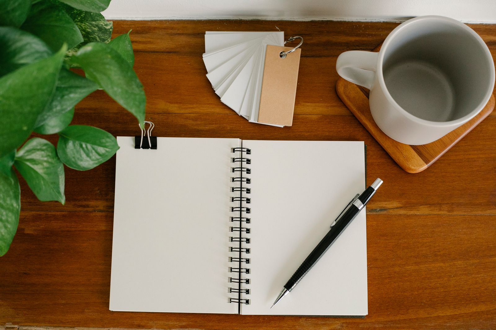 Cuaderno abierto de espiral con un bolígrafo sobre un escritorio de madera, junto a una taza de café y una planta