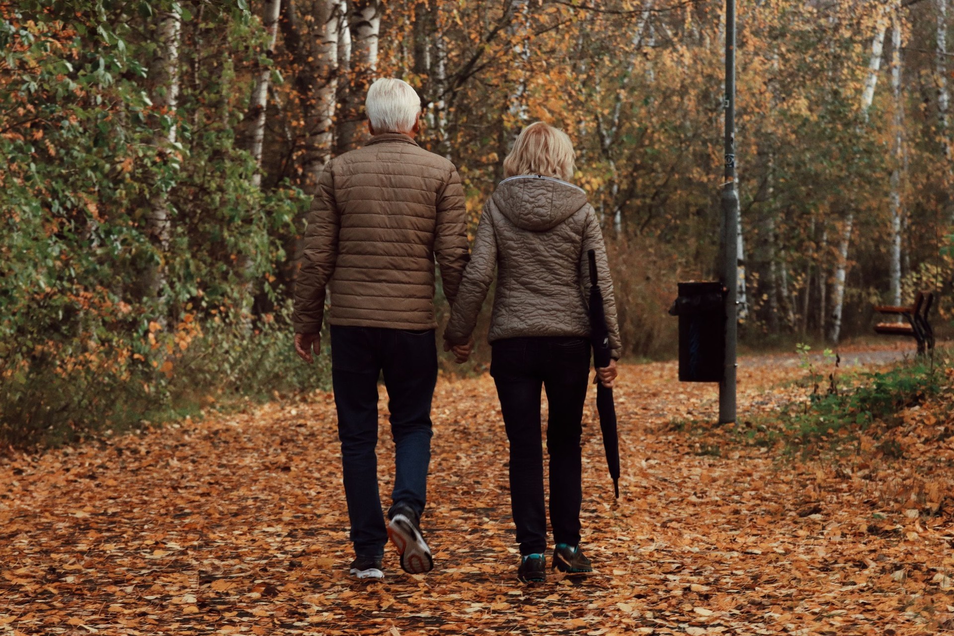 Pareja mayor caminando de espaldas por un sendero arbolado
