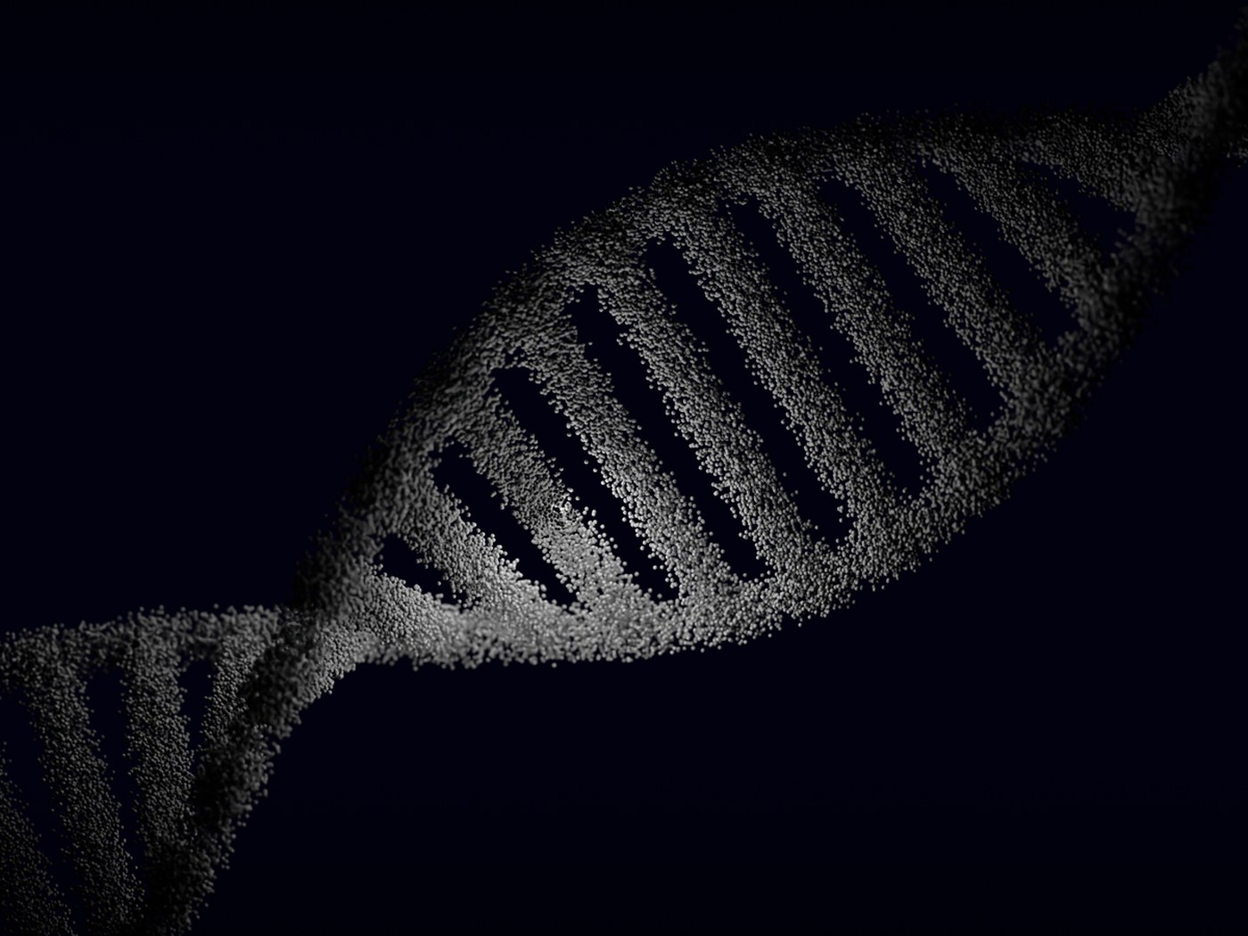 Representación tridimensional de una doble hélice de ADN formada por partículas luminosas sobre fondo negro