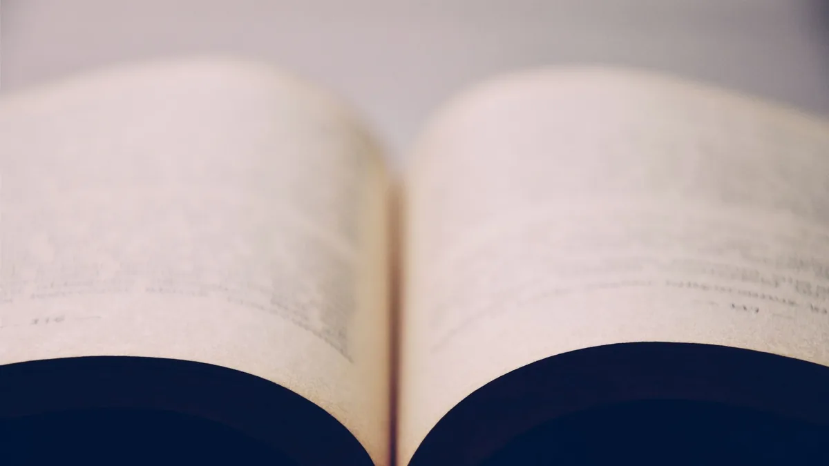 Un primer plano de un libro abierto con páginas borrosas en un entorno interior, transmitiendo enfoque y lectura.
